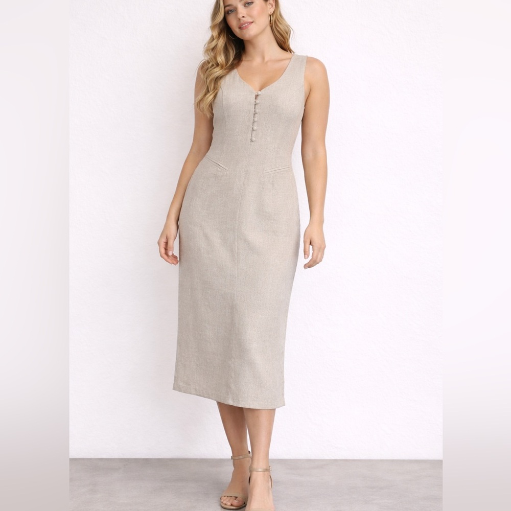 Vintage Rampage Beige Midi Dress 
 Medium Sleeveless Tie Back Minimalist Neutral